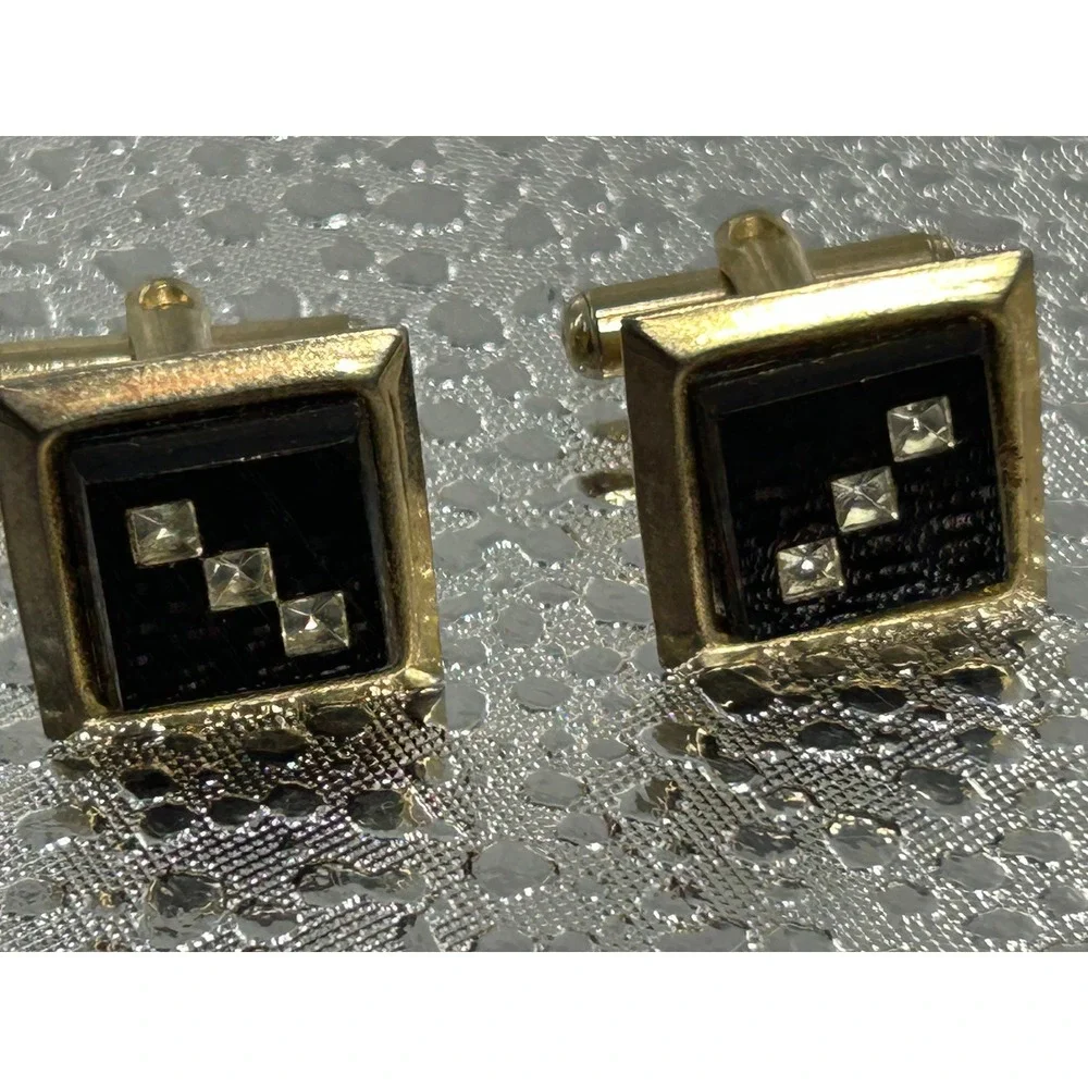 Vintage Gold Tone Square Cufflinks Black Rhinestone Mid‎ Century Formal Mens